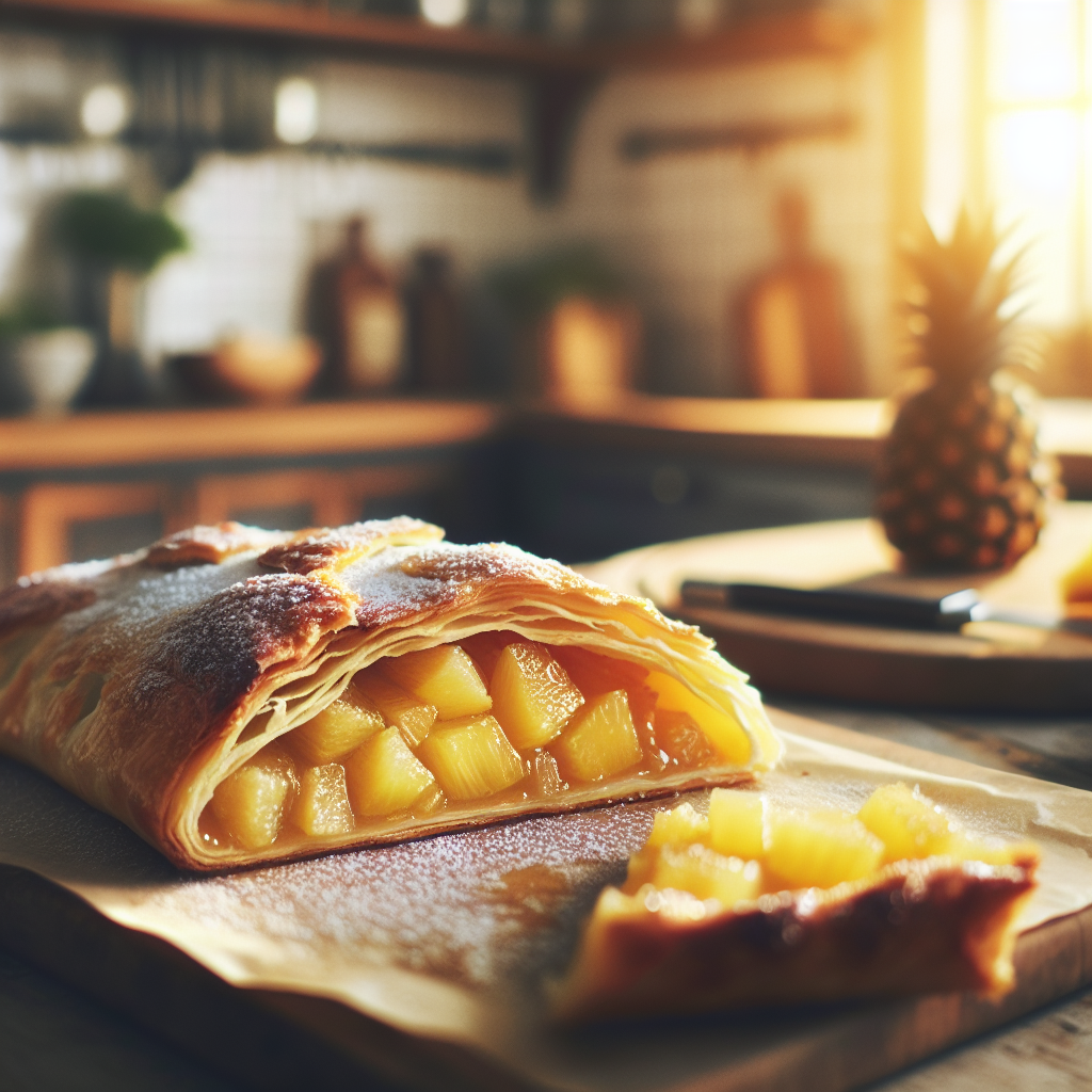 A freshly baked Pineapple Strudel, beautifully golden-brown, with a slice cut to reveal the juicy, caramelized pineapple filling glistening with hints of cinnamon and sugar. Set against a softly blurred home kitchen, with rustic wooden countertops and delicate kitchenware in the background, the scene is filled with warm, natural light pouring in from a nearby window. The atmosphere is inviting and cozy, enhanced by subtle textures of the strudel's flaky pastry and a sprinkle of powdered sugar on top, inviting the viewer to savor the moment.