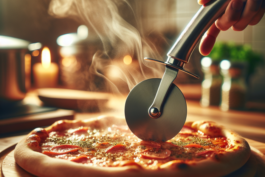 A stainless steel pizza cutter slicing through a steaming hot, freshly baked pizza on a wooden cutting board. Soft focus kitchen countertop in the background, warm ambient lighting highlighting the steam and melted cheese, with a sprinkle of herbs visible on the pizza's surface.