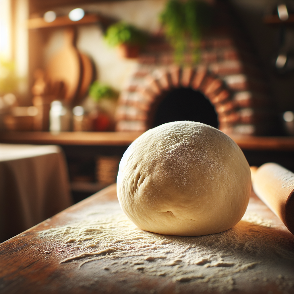 A close-up of freshly kneaded pizza dough resting on a lightly floured wooden surface, showing its smooth, elastic texture and tiny bubbles forming beneath the surface. The background features a cozy kitchen atmosphere, softly out of focus, with a brick pizza oven and hanging herbs creating an inviting culinary space. Warm, natural light filters in, enhancing the golden hues of the dough and casting gentle shadows that highlight its round shape, alongside a rolling pin and a dusting of flour, adding to the realistic and homely ambiance.