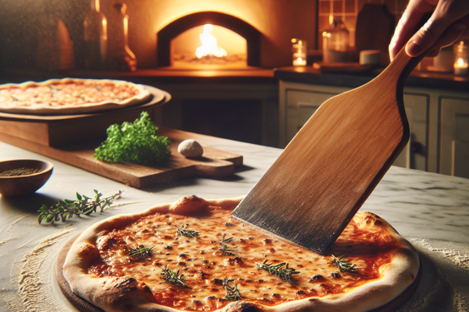 A wooden pizza peel sliding a freshly baked, steaming pizza onto a marble countertop. Soft, warm kitchen lighting illuminates the scene, with a blurred wood-fired oven visible in the background. Flour dust and scattered herbs add authenticity to the composition.