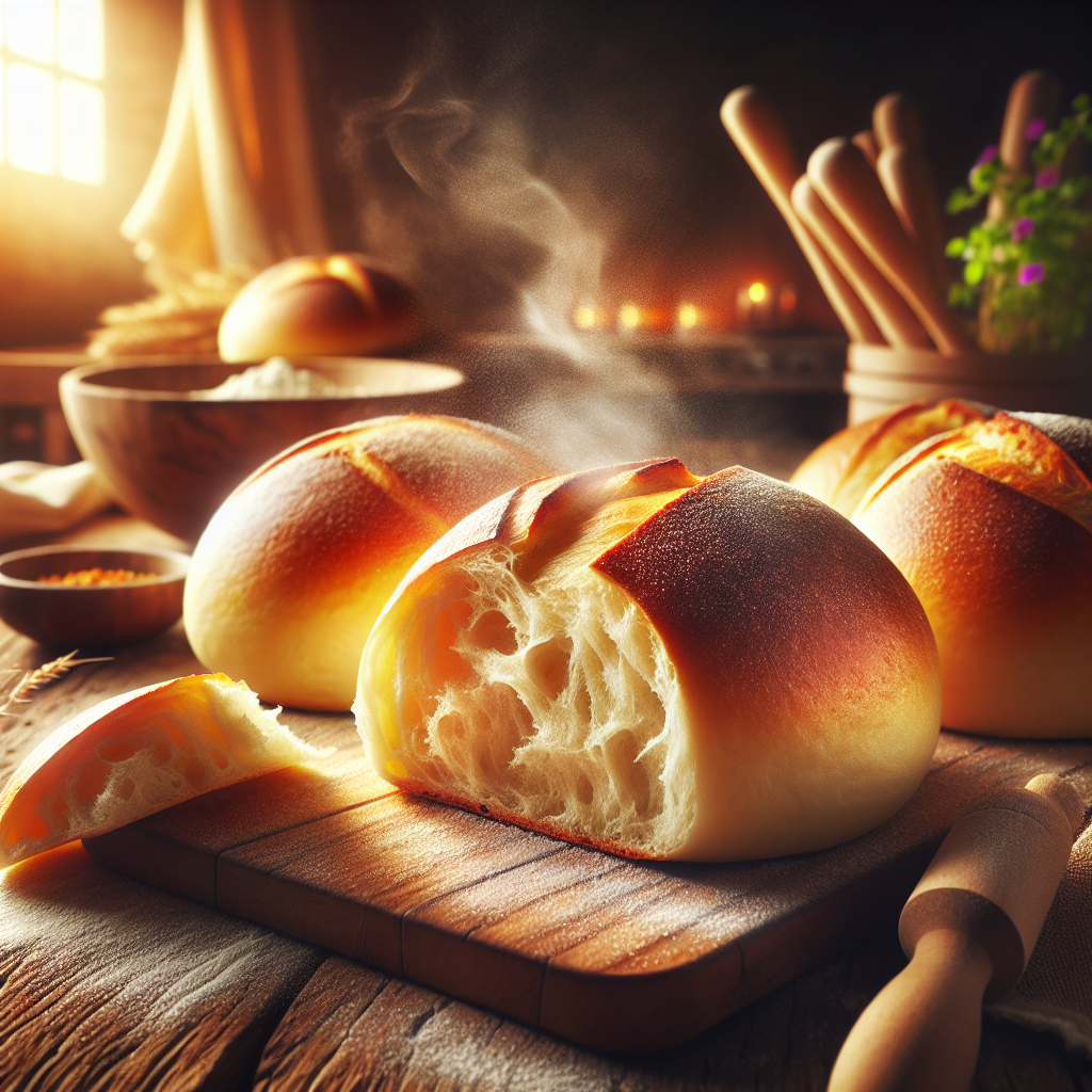 A close-up of freshly baked potato bread rolls, showcasing their golden-brown crust and fluffy interior, sliced open to reveal steam rising from the soft texture. The scene is set in a cozy home kitchen, with a softly blurred background featuring rustic wooden countertops and a hint of a colorful herb garden in the distance. Warm, natural light streams in from a nearby window, illuminating the rolls and enhancing the rich textures, while a sprinkle of flour and a few scattered baking tools add a touch of authenticity to the inviting atmosphere.