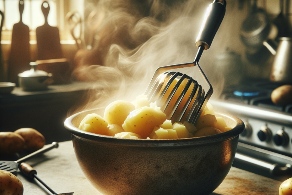 A stainless steel potato masher in action, crushing soft-boiled potatoes in a large ceramic bowl on a granite countertop. Warm, diffused natural light from a nearby window illuminates the scene, casting gentle shadows and highlighting the steam rising from the freshly cooked potatoes. In the blurred background, glimpses of other kitchen utensils and a partial view of a stovetop can be seen.