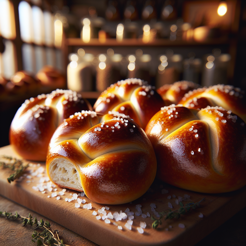 Close-up shot of freshly baked pretzel rolls, beautifully golden-brown with a glossy crust, some rolls cut open to reveal a soft, fluffy interior. Set in a cozy, inviting home kitchen with a softly blurred background that includes wooden shelves filled with herbs and spices. The warm, diffused lighting highlights the texture of the rolls, while a few scattered sea salt crystals shimmer subtly on the surface, enhancing the inviting atmosphere.