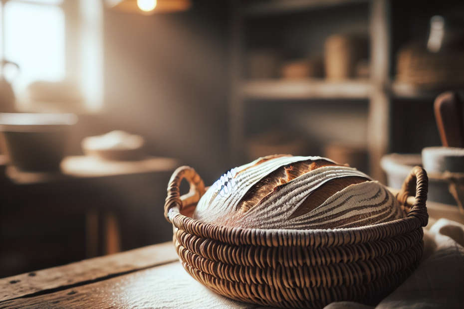 A rustic proofing basket filled with a lightly floured sourdough loaf, resting on a wooden countertop with soft, warm light streaming in from a nearby window. The background is blurred, revealing glimpses of a cozy home bakery, while the basket's intricate woven pattern and the bread's delicate dusting of flour are in sharp focus.