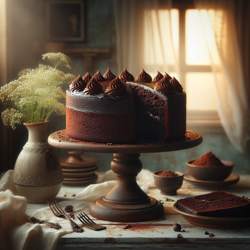 A beautifully layered Pumpernickel Cake, showcasing its rich, dark texture and decadent chocolate frosting, is presented on a rustic wooden cake stand with a slice partially removed, revealing its moist interior. The kitchen setting, softly blurred in the background, features warm, natural light pouring in through a nearby window, creating an inviting atmosphere filled with homely charm. Surrounding the cake are subtle details like a vintage fork, a small vase of fresh flowers, and a scattering of cocoa nibs, enhancing the overall warmth and realism of the scene.