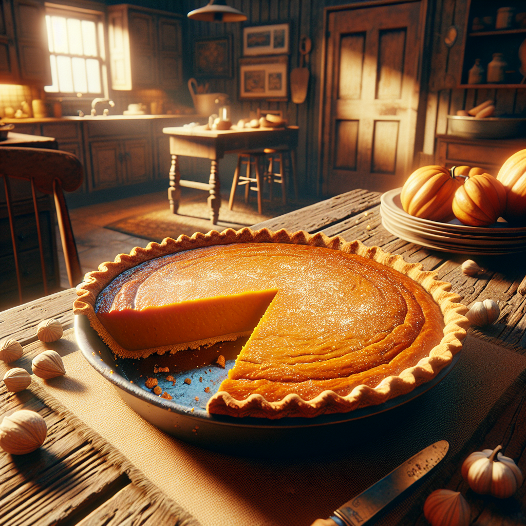 A perfectly baked pumpkin pie, golden-brown crust glistening with a hint of sugar, sits on a rustic wooden kitchen table, partially sliced to reveal its creamy, spiced filling. The background features an out-of-focus kitchen with warm wooden cabinets and soft, warm lighting filtering through a nearby window, creating a cozy, inviting atmosphere. Subtle details like a sprinkle of nutmeg on the pie and a fork resting beside the plate enhance the scene's realism.