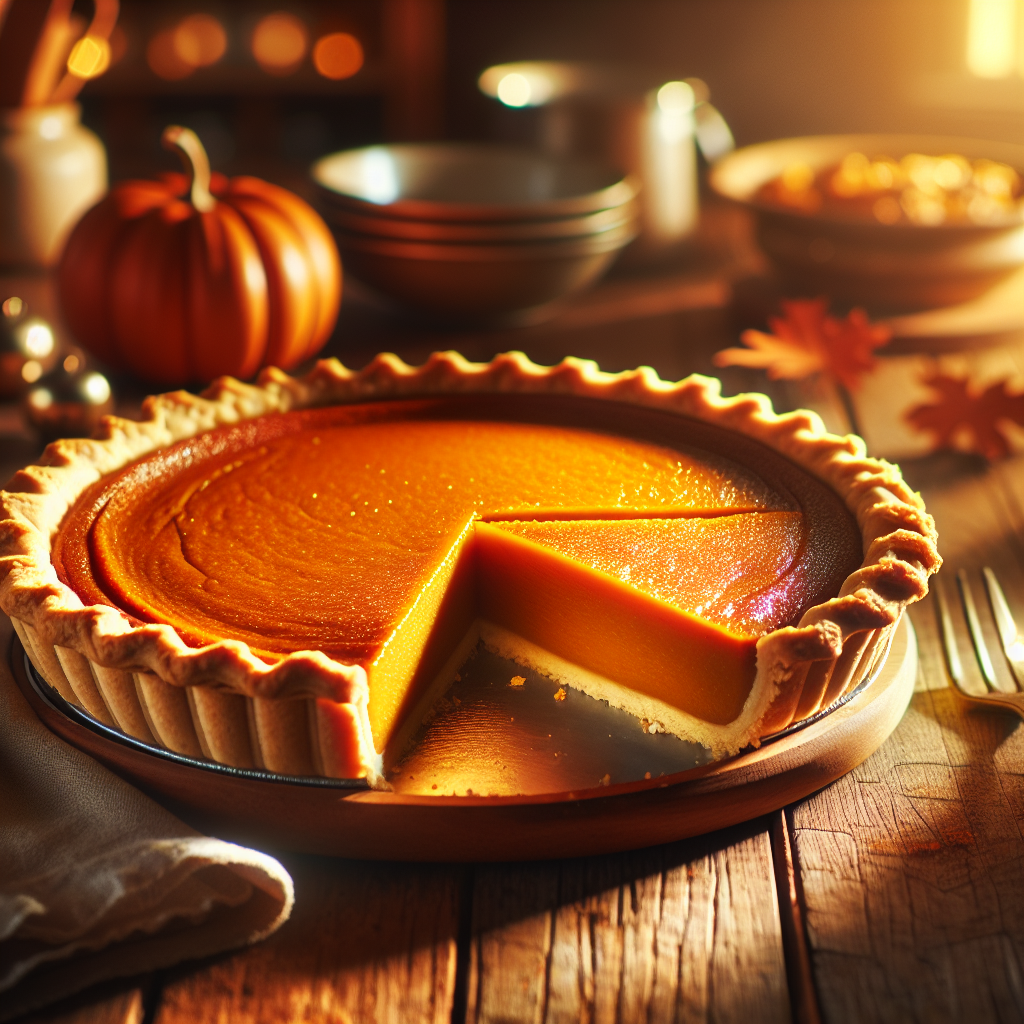 A beautifully baked pumpkin pie sits on a rustic wooden table, a perfect slice removed to reveal its creamy orange filling, showcasing the smooth texture and aromatic spices. The softly blurred background features a cozy home kitchen with warm, inviting tones, hinting at autumn decorations and baking utensils. Gentle, golden light streams in from a nearby window, illuminating the pie’s golden crust and enhancing the scene's warm, inviting atmosphere.