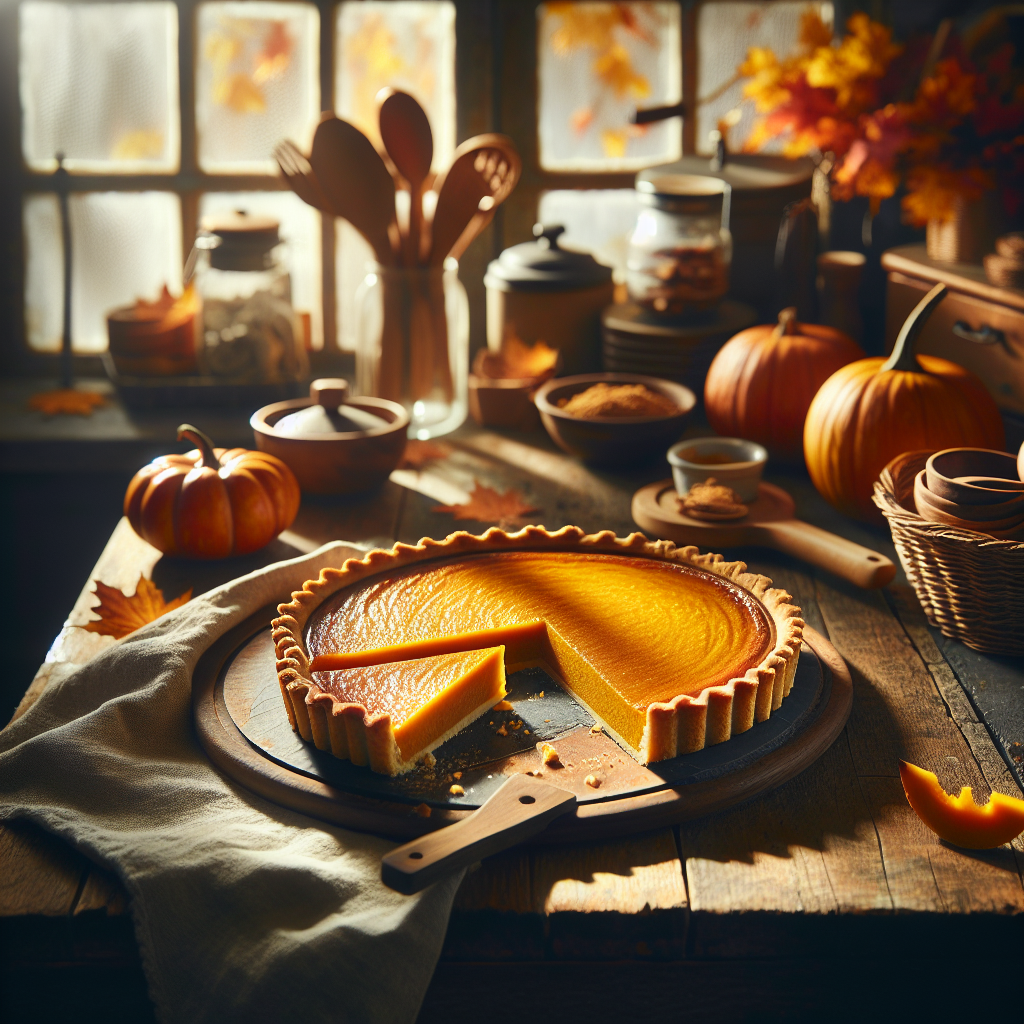 A beautifully baked pumpkin tart sits elegantly on a rustic wooden kitchen countertop, a slice expertly cut to reveal its rich, velvety filling and light golden crust. The background features softly blurred kitchen tools and autumn decorations, enhancing the cozy culinary atmosphere. Warm, natural light streams in from a nearby window, casting gentle shadows and highlighting the textures of the tart and the warmth of the setting.