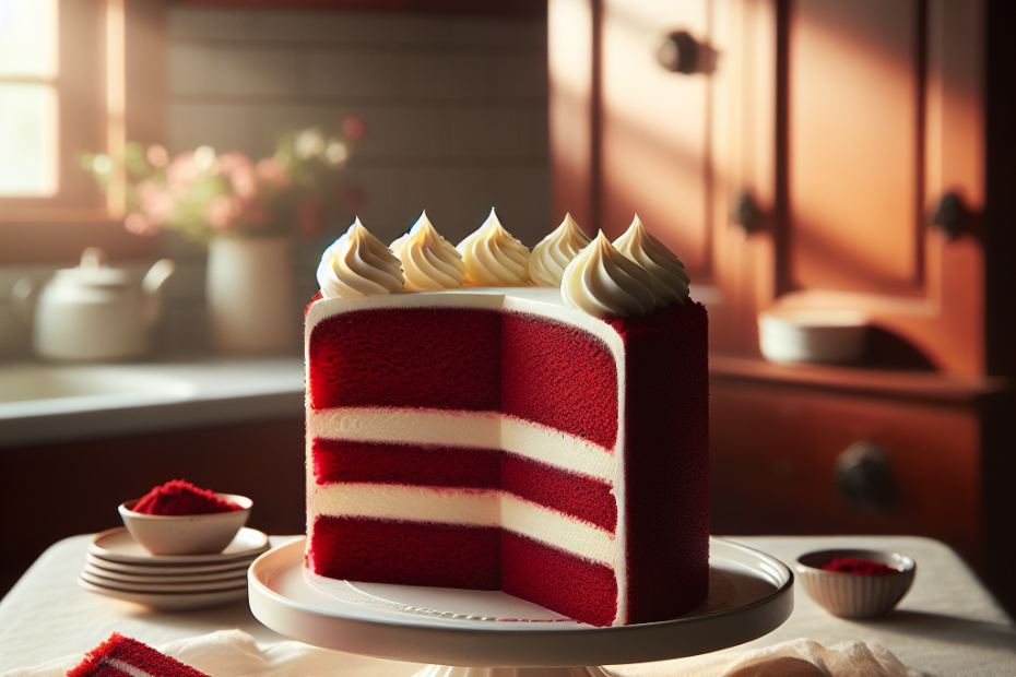 A beautifully sliced Red Velvet Angel Food Cake sits elegantly on a white porcelain plate, showcasing its airy texture and rich, crimson color layered with a fluffy cream cheese frosting. In the soft, out-of-focus background, a cozy kitchen setting is suggested, with warm wood cabinetry and subtle hints of baking tools. The scene is illuminated by gentle, natural light streaming in from a nearby window, enhancing the cake's vibrant colors while creating inviting shadows that evoke a sense of warmth and culinary delight.