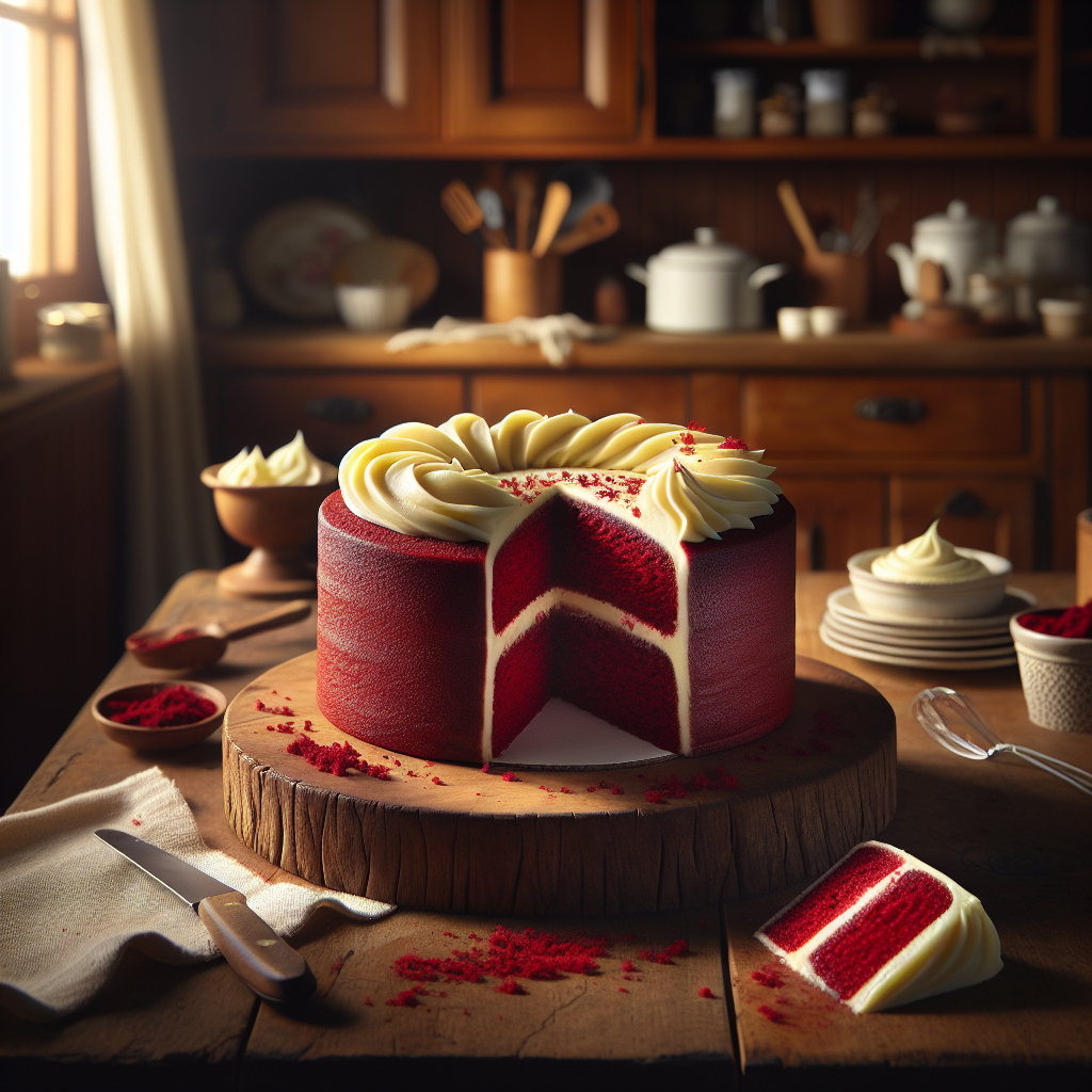 A luscious slice of Red Velvet Cake sits elegantly on a white porcelain plate, showcasing its velvety crimson layers and creamy white frosting, with a fork resting beside it. The background features a softly blurred, warm-toned home kitchen, with sunlight streaming through a nearby window, casting a gentle glow on the scene. The inviting atmosphere is enhanced by a rustic wooden countertop and a few scattered baking utensils, emphasizing the homemade charm of this delectable dessert.