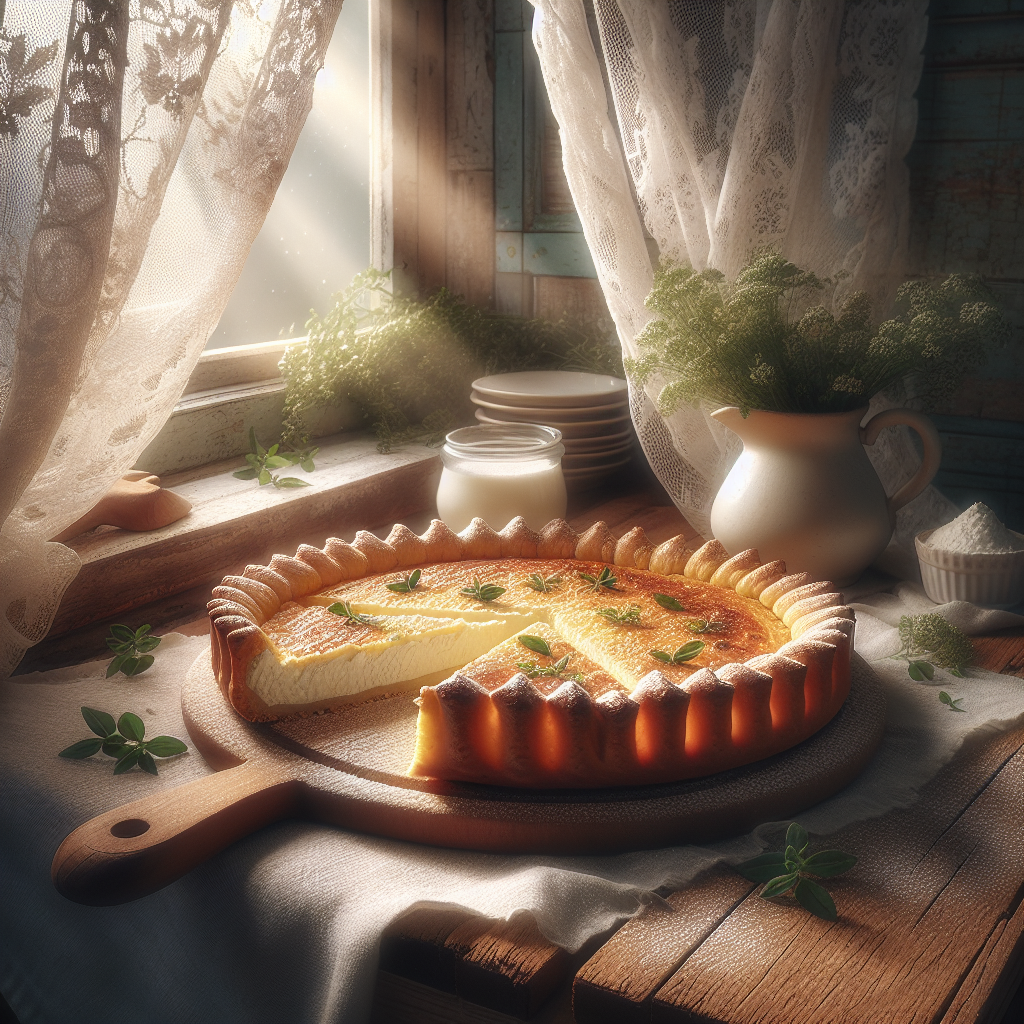 A freshly sliced Ricotta Crostata sits elegantly on a rustic wooden kitchen counter, showcasing its creamy filling and flaky crust. The soft, blurred background reveals a warm, inviting kitchen setting with sunlight filtering through lace curtains, enhancing the homey atmosphere. Accents of fresh herbs and a dusting of powdered sugar add a touch of detail, while the overall scene is brightened to highlight the textures and rich colors of the crostata, inviting viewers to indulge.