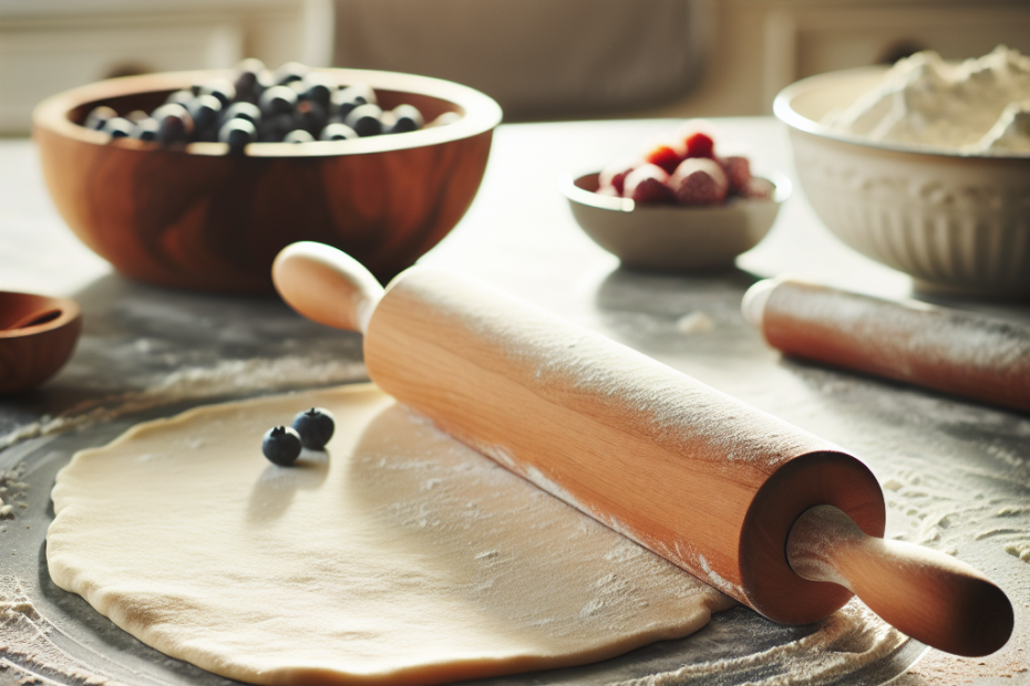 A wooden rolling pin flattening out a sheet of pastry dough on a marble countertop, with a soft focus kitchen background. Warm, diffused natural light streams in from the left, highlighting the flour-dusted surface and creating subtle shadows. A partially visible bowl of fresh berries and a sprinkle of cinnamon add context to the baking scene.