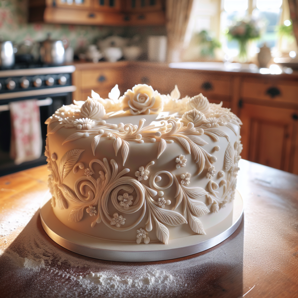 A close-up of a beautifully decorated cake covered in smooth, glossy royal icing, showcasing intricate piping details and delicate floral designs. The scene is set in a warm, inviting home kitchen, with soft, out-of-focus wooden cabinetry in the background. Bright, natural light cascades through a nearby window, enhancing the glossy textures of the icing and illuminating specks of confectioner's sugar scattered around the counter, suggesting recent baking activity.