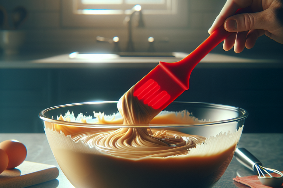 A vibrant red rubber spatula scraping the last of the cake batter from a glass mixing bowl, poised over a granite countertop. Soft natural light streams in from a nearby window, highlighting the silicone texture of the spatula and the creamy consistency of the batter, with a blurred kitchen backdrop.