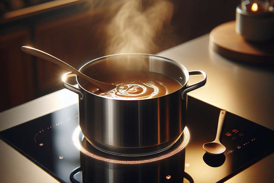 A stainless steel saucepan simmering with a rich, creamy sauce on a modern induction cooktop. Soft, warm lighting illuminates the scene, with a blurred kitchen counter in the background, showcasing a wooden spoon resting on the pan's edge and steam gently rising.