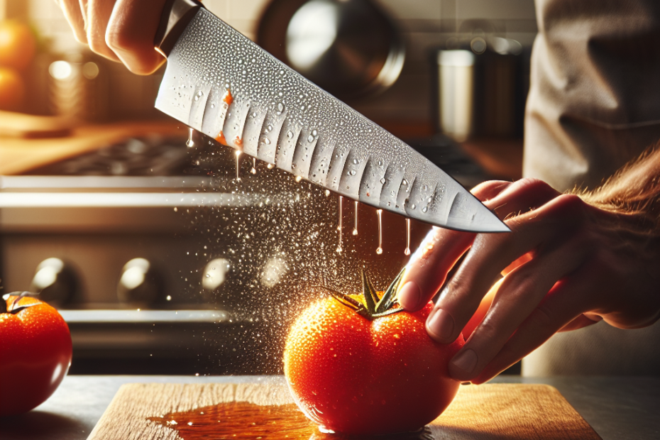 A sharp chef knife slicing through a ripe tomato on a wooden cutting board, droplets of juice glistening in the soft, warm kitchen light. Blurred in the background, a granite countertop and stainless steel appliances create a professional culinary atmosphere.