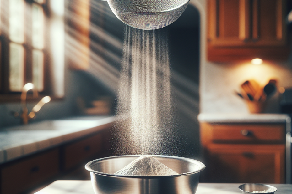 A stainless steel sieve hovering over a mixing bowl, sifting flour onto a dusted marble countertop. Soft natural light filters through a nearby window, illuminating the fine powder as it falls, with a blurred kitchen backdrop featuring warm wooden cabinets.