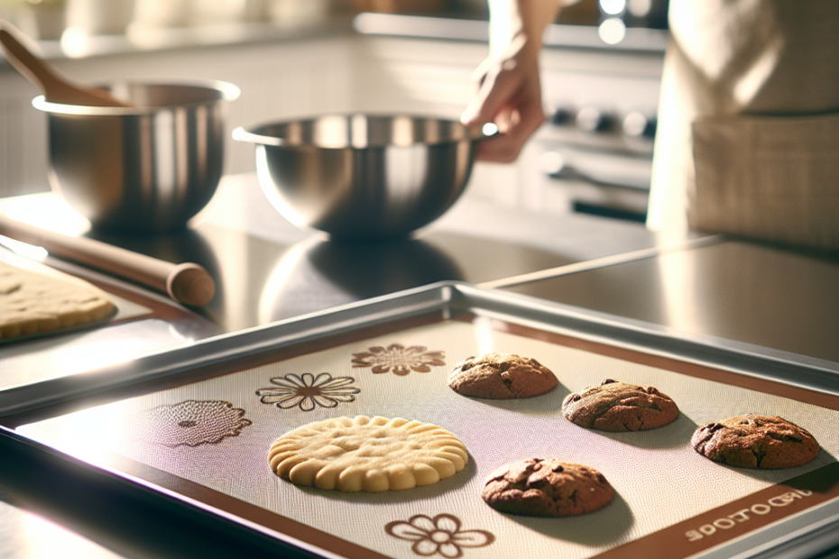 Silicone baking mats laid out on a stainless steel countertop, with freshly baked cookies being transferred onto them. Soft natural light streams in from a nearby window, creating a warm and inviting kitchen atmosphere. In the blurred background, a mixing bowl and whisk are visible, adding to the baking scene.