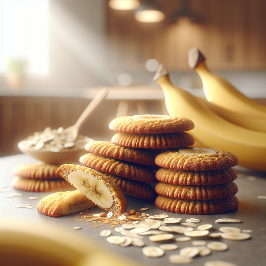 A close-up view of freshly baked Skinny Banana Cookies, their golden-brown edges slightly crisp, with a soft, fluffy inside peeking through a neat slice. The background features a softly out-of-focus modern kitchen with warm wooden accents, enhancing the homely atmosphere. Soft, natural lighting floods the scene, highlighting the texture of the cookies and casting gentle shadows, while a few scattered oats and banana slices artfully surround the cookies, adding to the inviting and healthy theme.