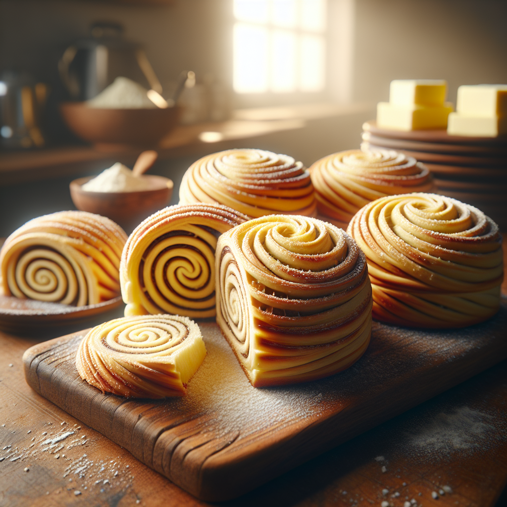 A close-up of freshly sliced swirl buns, showcasing their inviting layers and rich, buttery filling, sits on a rustic wooden cutting board. The background features a softly blurred home kitchen with warm, ambient lighting, highlighting the textures of the buns and the polished surfaces of kitchen utensils. A sprinkle of flour and a butter dish add delightful context, enhancing the inviting atmosphere of a cozy culinary moment.