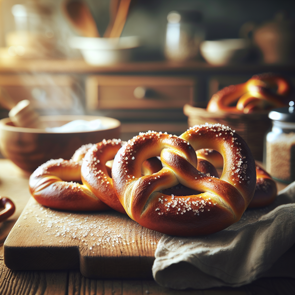 A close-up of freshly baked soft sourdough pretzels, golden brown and perfectly twisted, showcasing a soft, airy interior with steam rising gently from their warm surface. The scene is set in a cozy home kitchen, with a blurred background of rustic wooden countertops and soft kitchenware, creating an inviting ambiance. Warm, soft lighting filters in from a nearby window, enhancing the textures and colors of the pretzels while a sprinkle of coarse salt glistens on top, inviting the viewer to indulge.