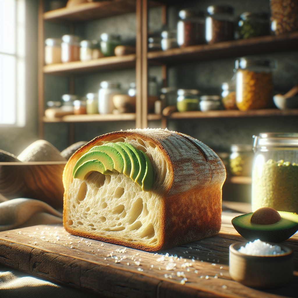 A close-up of a slice of soft sourdough sandwich bread, showcasing its airy, open crumb and crisp golden crust, with a light spread of creamy avocado and a sprinkle of sea salt. The background features an out-of-focus rustic kitchen with wooden shelves stocked with jars of colorful ingredients, hinting at a warm culinary atmosphere. Soft, natural light filters through a nearby window, highlighting the texture of the bread and creating a cozy, inviting scene.