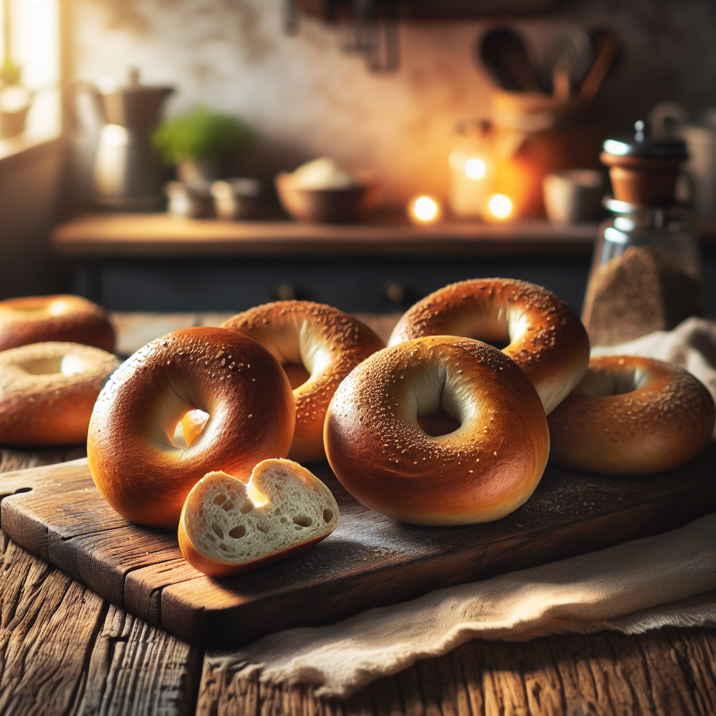 A close-up of freshly baked sourdough bagels, their golden crust glistening with a light sheen, presented on a rustic wooden cutting board with a slice cut open to reveal the airy, chewy interior. In the softly blurred background, a warmly lit home kitchen is visible, hinting at pots and herbs on the counter, creating a cozy culinary atmosphere. The scene is enhanced by natural morning light filtering through a nearby window, casting gentle shadows and highlighting the textures of the bagels and the wood.