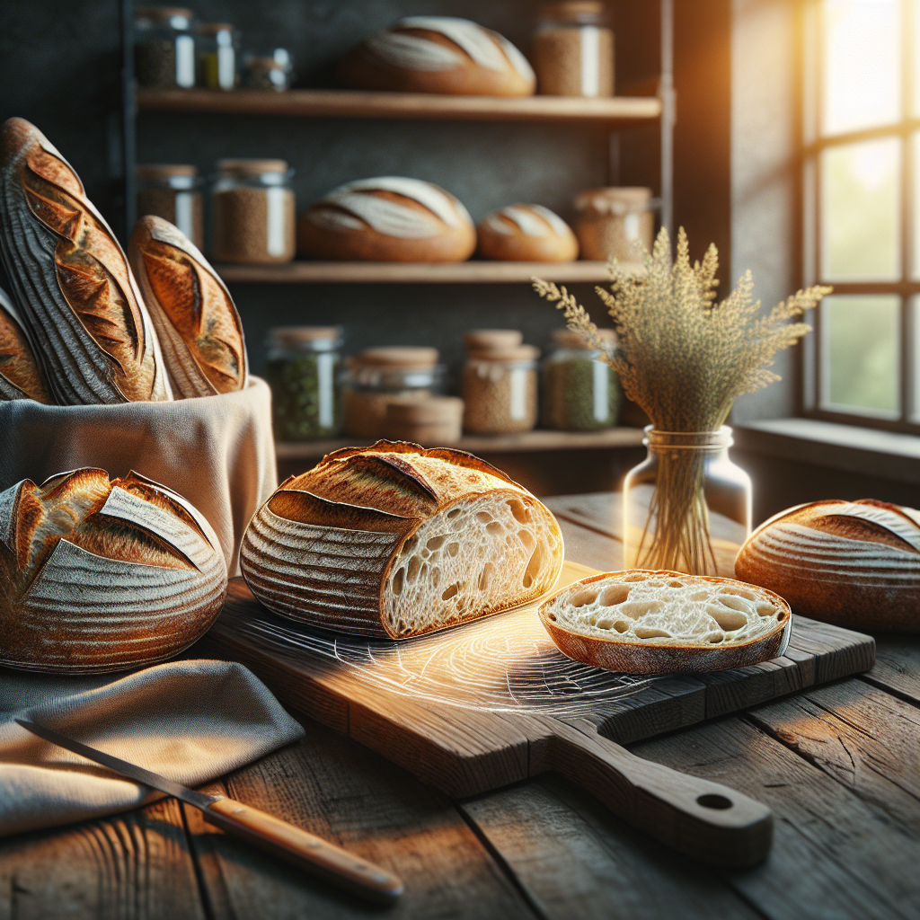 Close-up of freshly baked sourdough baguettes, their crusty golden-brown exterior slightly cracked, revealing a soft, airy interior; one baguette is artistically sliced, showcasing its open crumb structure. The scene is set in a cozy home kitchen with a softly blurred background that hints at rustic wooden shelves and a hint of herbs. Warm, natural light cascades through a nearby window, highlighting the textures of the bread and creating a welcoming, inviting atmosphere.