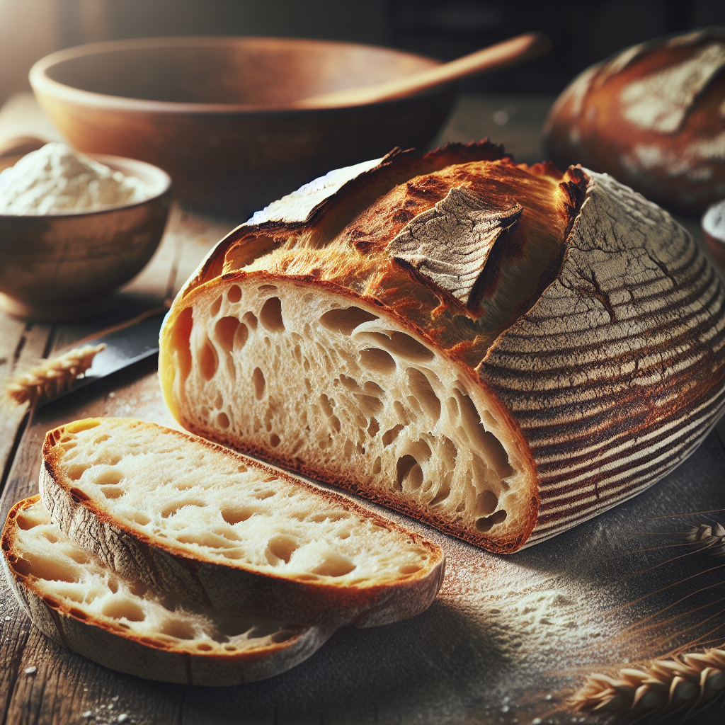 Close-up of a freshly baked sourdough bread loaf, showcasing its crispy, golden crust and airy, open crumb structure with a slice cut to reveal the fluffy interior. The scene is set on a rustic wooden kitchen countertop with a soft, out-of-focus background featuring a mixing bowl, flour dust, and a sprinkling of wheat grains. Warm, inviting light streams in from a nearby window, casting gentle shadows and highlighting the rich textures of the bread and surrounding kitchen elements, creating a cozy, homely atmosphere.