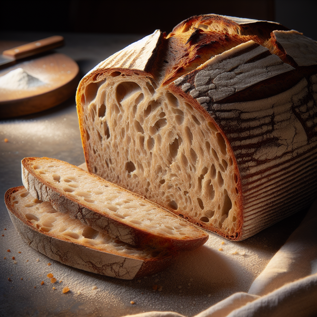 A close-up shot of a freshly sliced loaf of sourdough bread with wholemeal, showcasing its rustic crust and airy, textured interior. The kitchen countertop serves as the background, subtly blurred, with hints of a wooden cutting board and a scattered handful of flour, suggesting recent baking activity. Warm, natural light filters in, creating inviting highlights on the crust while casting soft shadows, enhancing the bread's golden tones and inviting an atmosphere of warmth and homeliness.