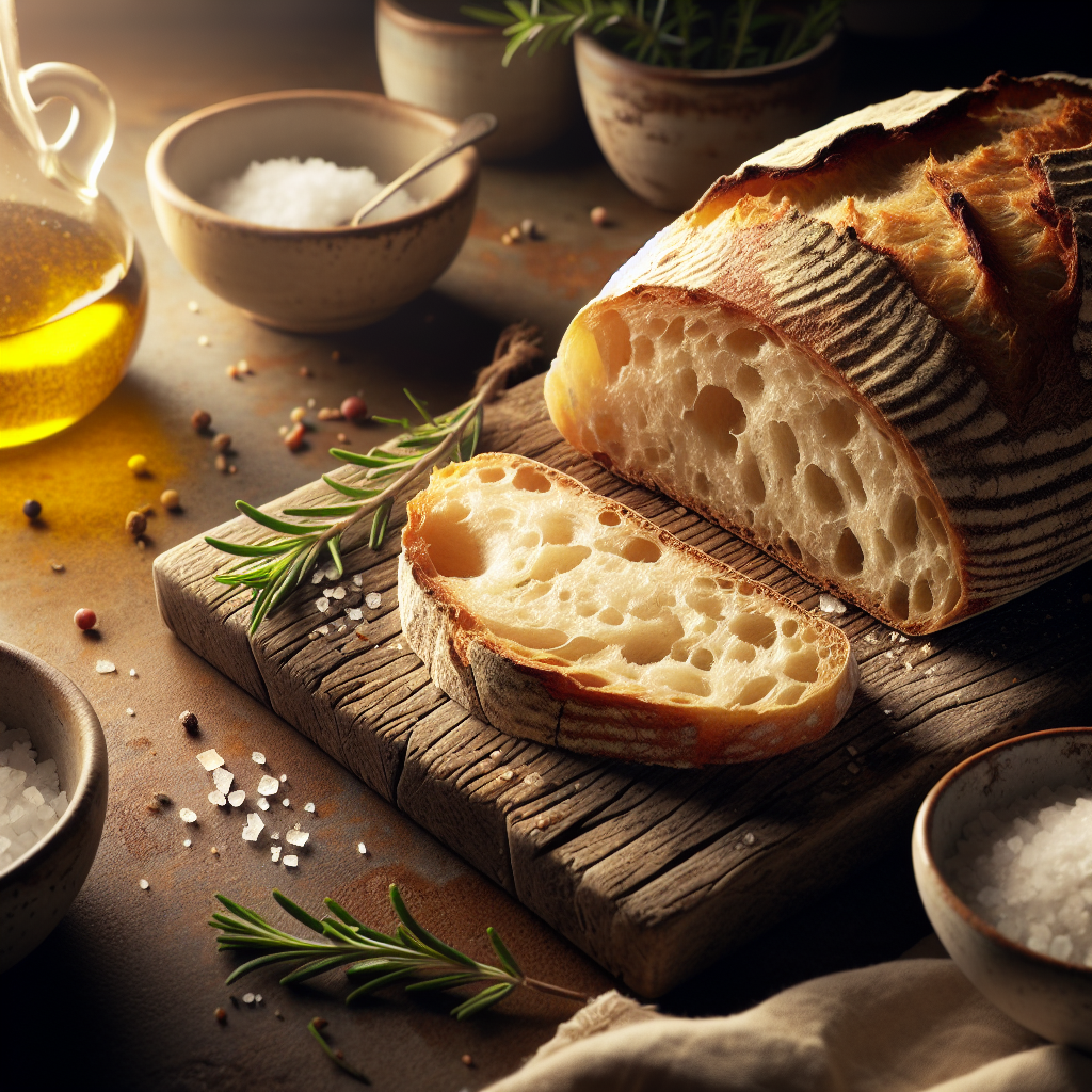 A beautifully crusty loaf of sourdough bread, freshly sliced to reveal its airy, textured interior, sits on a rustic wooden cutting board. The background features a softly blurred kitchen scene with warm, ambient lighting that highlights the golden crust and the glossy sheen of a drizzle of olive oil beside it. Scattered around are sprigs of rosemary and a small bowl of sea salt, creating an inviting and appetizing atmosphere.