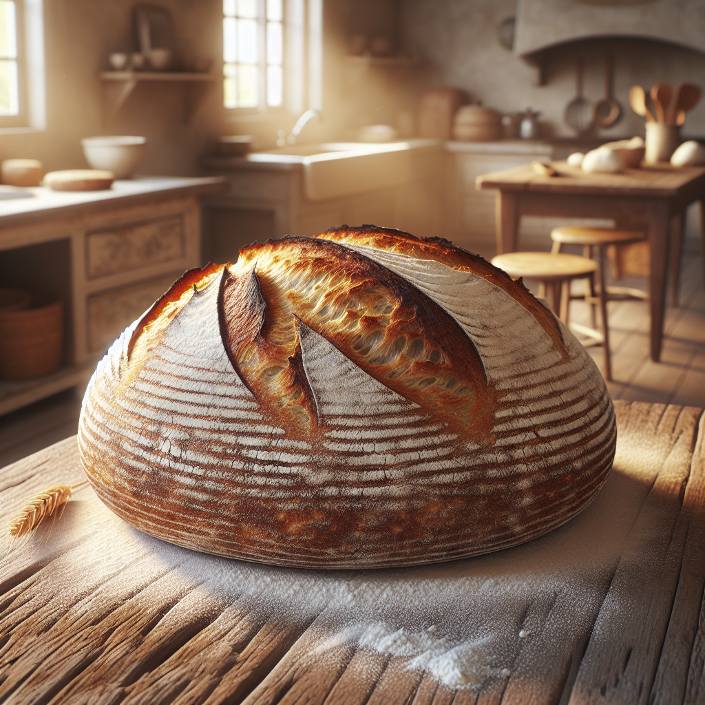 A freshly baked, rustic sourdough loaf is prominently displayed, showcasing its golden crust and airy, chewy interior with visible irregular holes upon being sliced. The setting is a warm, inviting kitchen adorned with wooden countertops and floured surfaces, softly blurred in the background to keep focus on the bread. The scene is illuminated by natural light streaming through a nearby window, casting gentle highlights on the bread, while a sprinkle of flour and a few scattered kitchen utensils subtly enhance the authenticity of the culinary atmosphere.