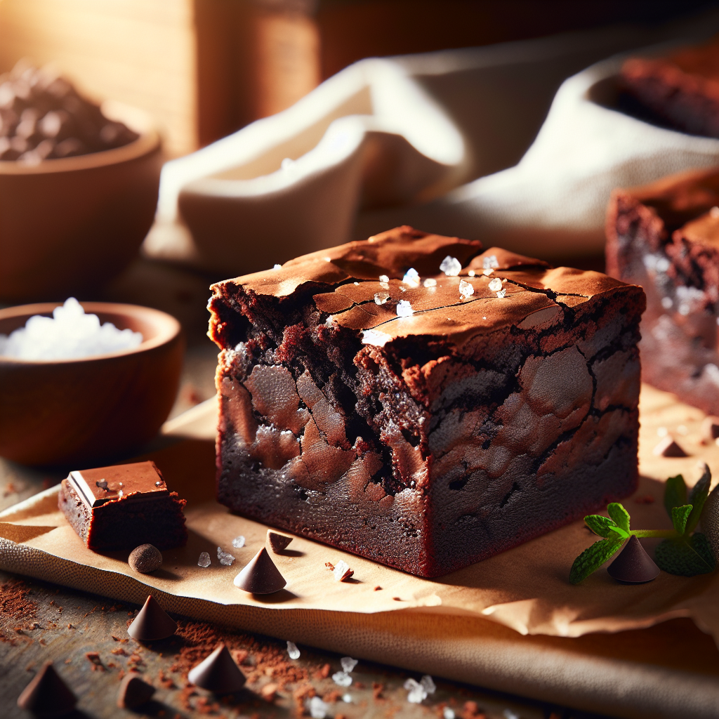 Close-up of decadent Sourdough Brownies with a perfectly cut slice revealing a rich, fudgy interior and a slightly crinkled top, glistening with a sprinkle of sea salt. The background features an out-of-focus rustic kitchen countertop, with warm wooden tones and soft natural light casting gentle shadows. A few scattered chocolate chips and a sprig of mint beside the brownies enhance the inviting, homey atmosphere.