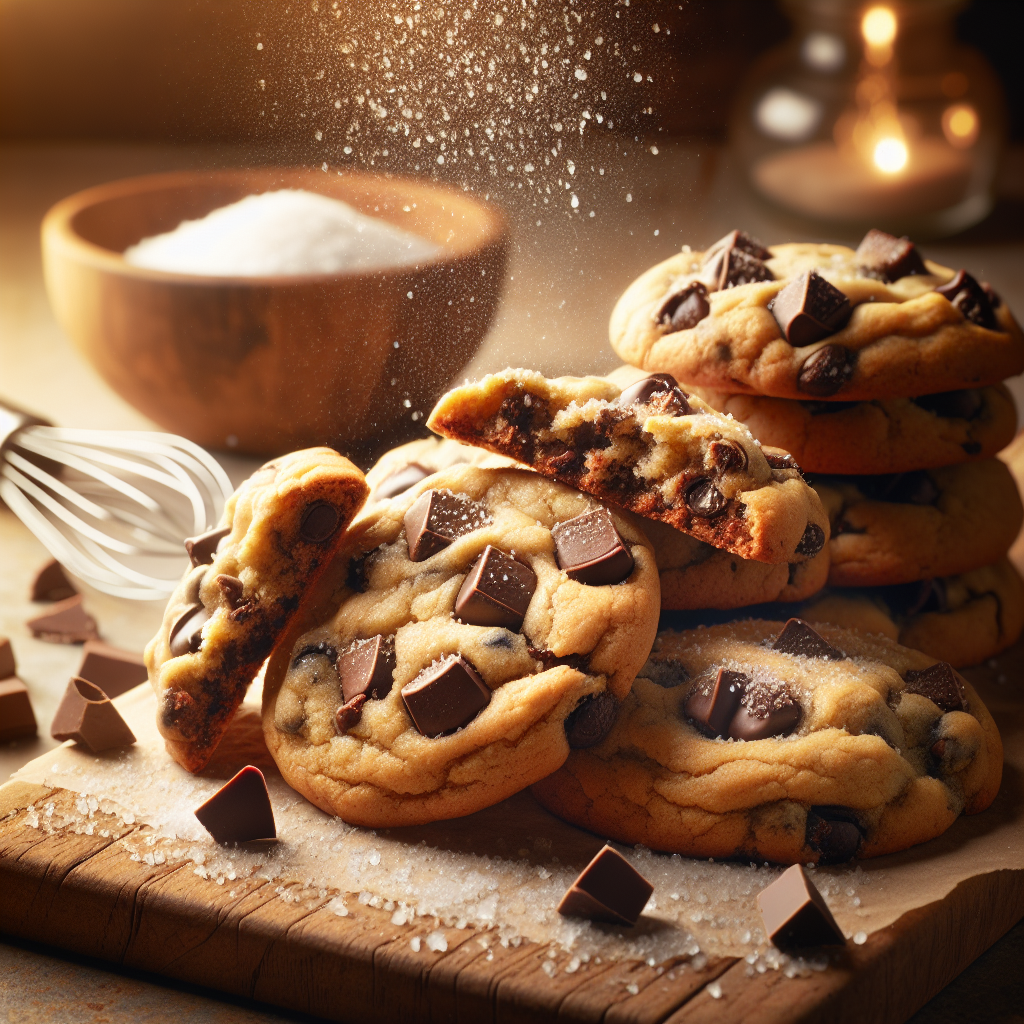 A close-up view of freshly baked Sourdough Chocolate Chip Cookies, showcasing their golden brown edges and gooey, melted chocolate chips inside, with a few cookies slightly broken to reveal the soft texture. The background features a softly blurred, rustic kitchen countertop adorned with a wooden cutting board and a vintage whisk, lending a cozy home-baking atmosphere. Warm, inviting lighting highlights the delicious cookies, enhancing their rich color and appealing textures, while a sprinkle of sea salt glistens on top for added indulgence.