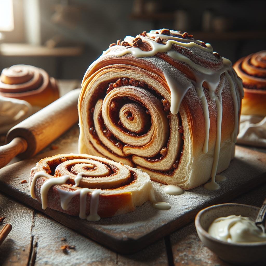 A close-up of freshly baked Sourdough Cinnamon Rolls, delicately glazed with a rich cream cheese frosting, with a warm, inviting slice cut out revealing the soft, fluffy interior swirled with cinnamon and sugar. The background features a softly blurred rustic home kitchen, with hints of wooden cabinets and a countertop adorned with flour and rolling pins, enhancing the cozy culinary atmosphere. The warm, natural lighting casts gentle highlights on the rolls, creating a comforting and appetizing scene.