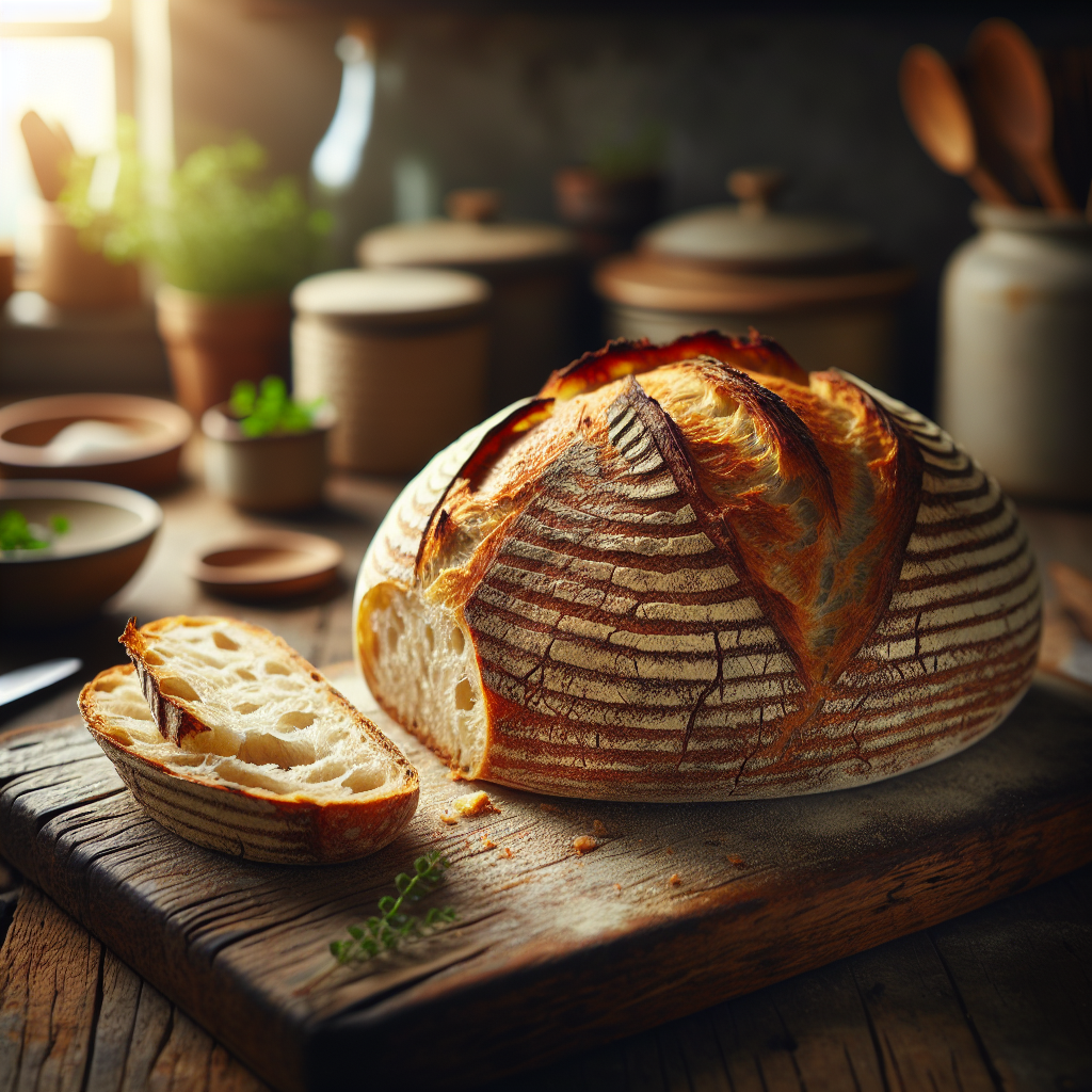 A freshly baked sourdough country loaf, with a golden-brown crust and a beautifully airy interior, sits on a rustic wooden cutting board with a slice cut out, revealing its open crumb structure. The background displays a softly blurred, warmly-lit kitchen setting with hints of herbs in small pots and utensils neatly arranged, creating a cozy home atmosphere. The scene is illuminated by soft, natural light streaming in from a nearby window, enhancing the textures of the bread and the rich wood while inviting a sense of comfort.