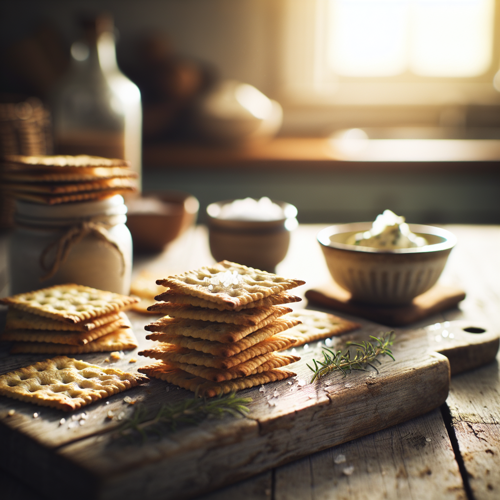 A close-up shot of freshly baked sourdough discard crackers, golden brown and crisp, arranged artfully on a rustic wooden cutting board. The background features a softly blurred kitchen setting with warm, natural light filtering through a nearby window, casting gentle shadows that enhance the texture of the crackers. Sprinkled with sea salt and surrounded by a small bowl of fresh homemade herb dip, the scene conveys a cozy and inviting atmosphere perfect for a delightful snack.