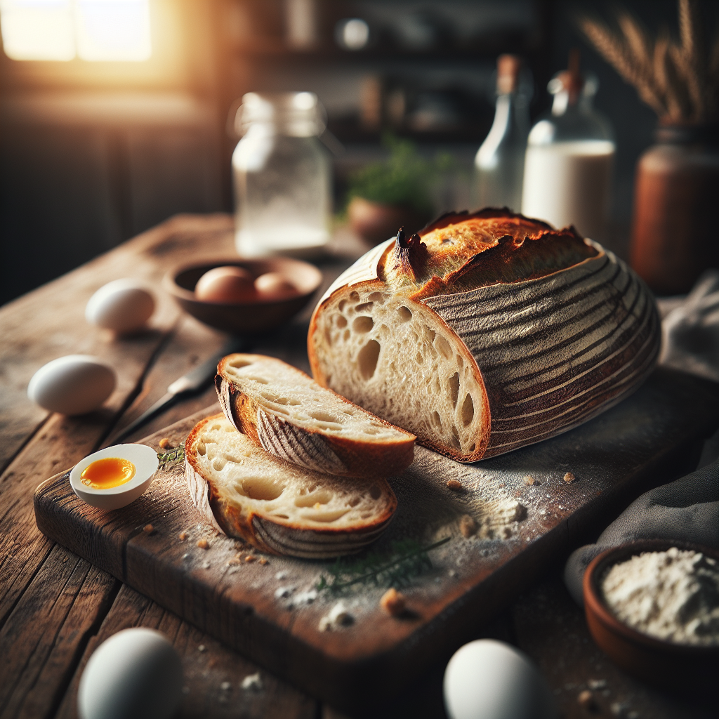 A beautifully baked loaf of Sourdough Egg Bread, sliced to reveal its soft, airy interior, rests on a rustic wooden cutting board. The warm, inviting home kitchen setting is softly blurred in the background, adorned with gentle touches like scattered flour and fresh herbs, creating a cozy atmosphere. Soft, natural light streams in from a nearby window, enhancing the golden crust and the rich textures of the bread, inviting viewers to savor the moment.