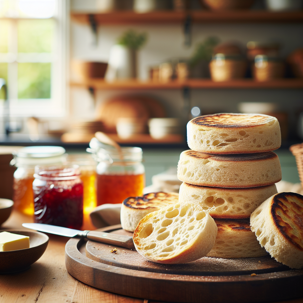 Close-up of freshly toasted Sourdough English Muffins, perfectly sliced to reveal their airy, open crumb and golden crust. The scene is set in a bright, modern home kitchen with soft, out-of-focus elements in the background, including a wooden countertop and jars of preserves. Gentle, natural light filters in, enhancing the warm textures and inviting atmosphere, while a small butter dish and a knife rest beside the muffins, hinting at a cozy breakfast moment.