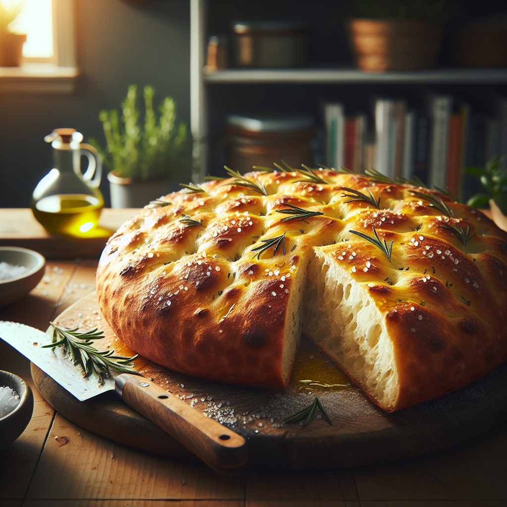 A close-up shot of a freshly baked Sourdough Focaccia, its golden-brown crust glistening with olive oil and topped with a sprinkle of sea salt and fresh rosemary, sliced to reveal its airy, moist interior. The scene is set in a cozy home kitchen, with wooden countertops and a blurred background of kitchen shelves adorned with herbs and cookbooks. Warm, natural light filters in, casting soft shadows that enhance the texture of the focaccia, while a small dish of vibrant olive oil and a rustic bread knife rest nearby, inviting a sense of homely charm.