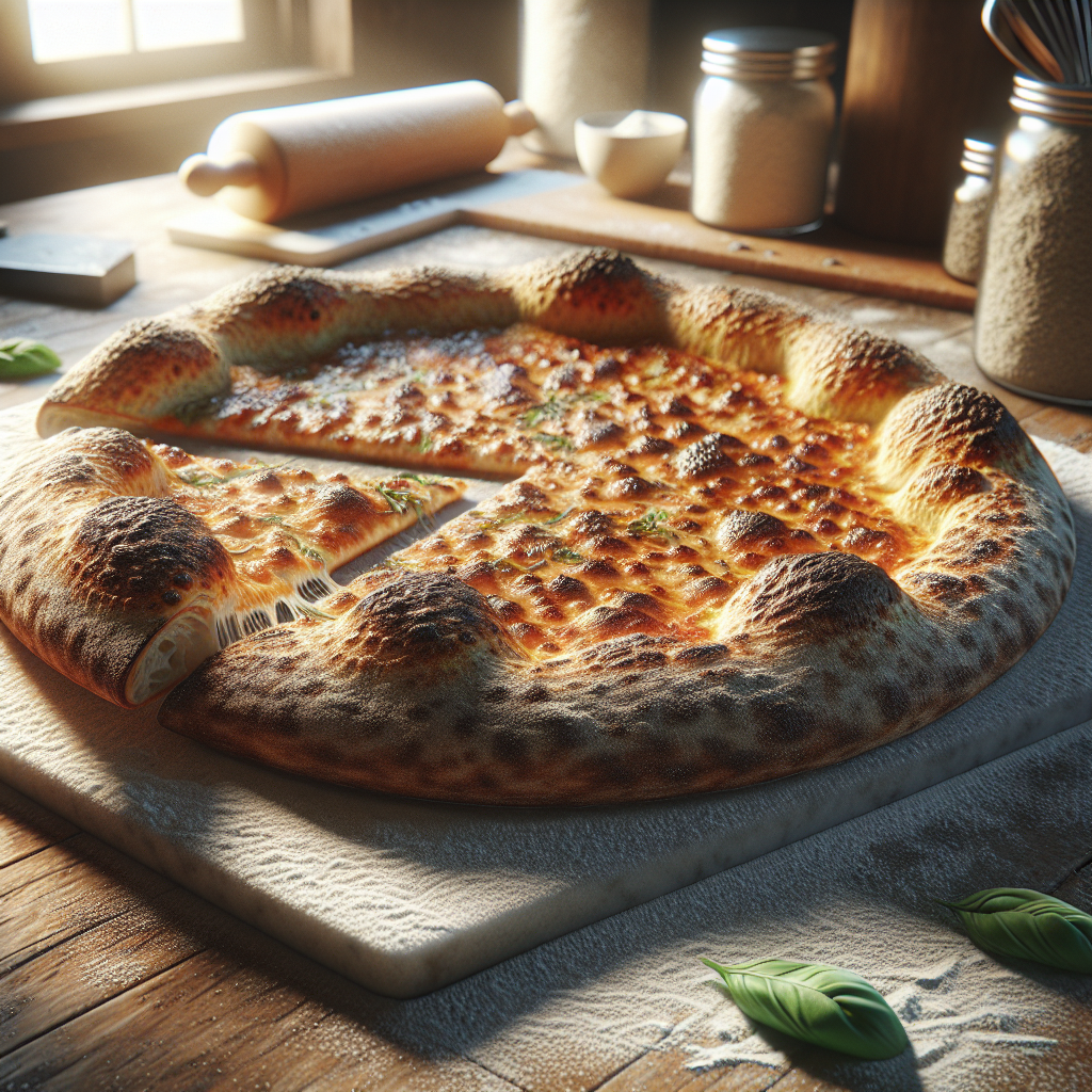 A close-up of a perfectly baked sourdough pizza crust, golden brown and slightly charred, with a slice just pulled from the whole, revealing its airy, chewy interior. The scene is set in a warm, inviting home kitchen, with a rustic wooden countertop and muted kitchen tools softly blurred in the background. Bright, natural lighting highlights the crust's texture, casting gentle shadows that enhance the delectable appearance, while a sprinkle of flour and fresh basil leaves nearby add vibrant color and context to the gourmet presentation.