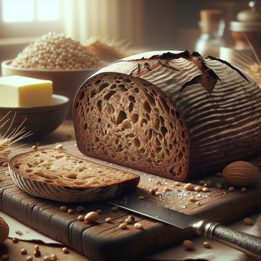 A close-up of a freshly sliced sourdough rye bread, showcasing its rich, dark crust and dense, airy interior filled with small holes. The bread rests on a rustic wooden cutting board, surrounded by a scattering of whole rye grains and a small butter dish with a knife, set against a softly blurred kitchen background adorned with warm, natural light that highlights the bread's texture. The scene evokes a cozy, inviting atmosphere, enhancing the realism with details like the glint of the butter and the tactile quality of the wooden surface.