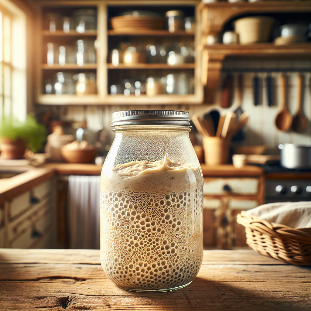 Close-up of a bubbling sourdough starter in a clear glass jar, capturing its creamy texture and small bubbles rising to the surface. The background features a softly blurred home kitchen with rustic wooden countertops and shelves lined with baking tools, enhancing the culinary atmosphere. Warm, natural light streams in from a nearby window, highlighting the starter's earthy tones and creating a cozy, inviting ambiance.