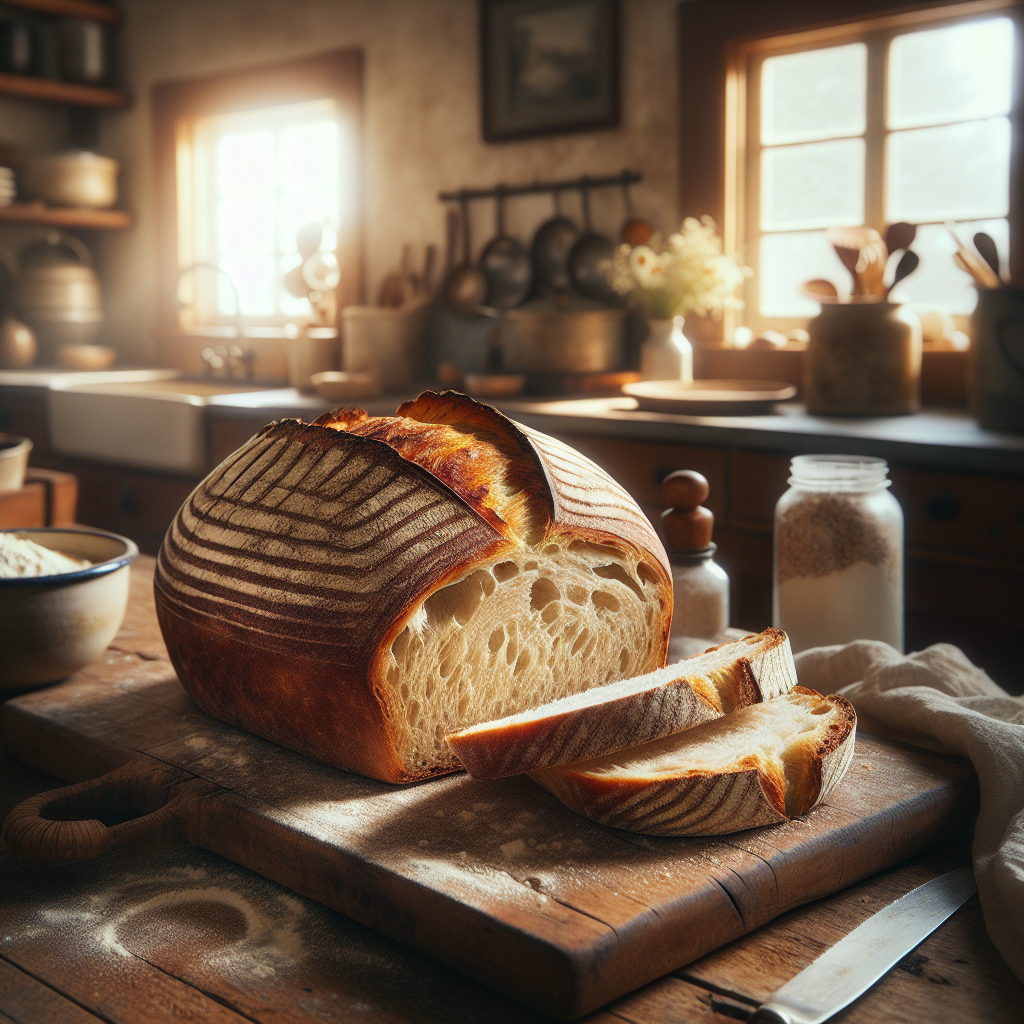 A freshly baked loaf of Sourdough Sweet Bread, golden brown with a crusty exterior, sliced open to reveal its soft, fluffy, and slightly sweetened interior, centered on a rustic wooden cutting board. The background features an out-of-focus, warmly lit home kitchen with vintage cooking utensils and a vase of fresh flowers, creating a cozy culinary atmosphere. Soft, natural light streams in from a nearby window, enhancing the warm tones and textures of the bread, while hints of flour and scattered baking ingredients add authenticity to the scene.