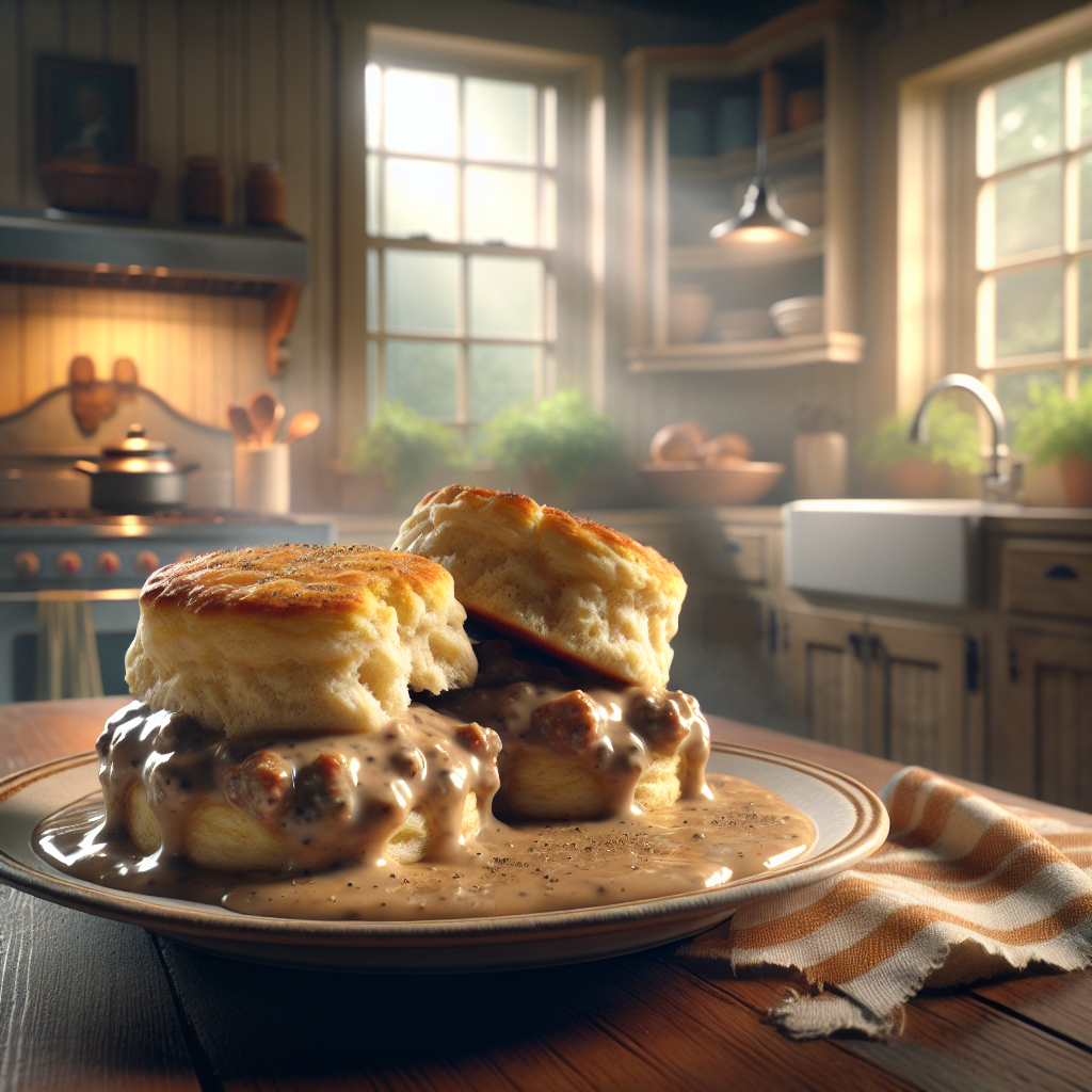 A close-up shot of fluffy Southern biscuits, perfectly golden and split open to reveal their soft, creamy interior, generously topped with rich, savory sausage gravy, glistening under a touch of freshly cracked black pepper. The background features a softly blurred, well-lit home kitchen with a classic farmhouse style, including rustic wooden cabinets and a hint of greenery from potted herbs on the countertop. Natural sunlight filters through a nearby window, casting a warm glow that enhances the textures of the biscuits and gravy, inviting a sense of comfort and nostalgia.