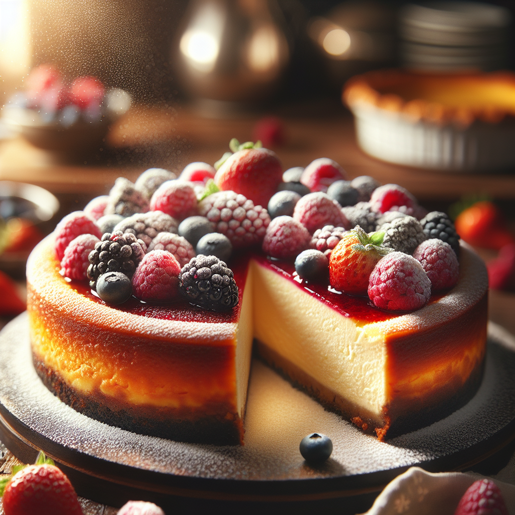 A close-up of a luscious Southern homemade cheesecake, perfectly sliced to reveal its creamy, velvety interior, adorned with a light dusting of powdered sugar and fresh berries on top. The background softly blurs out, hinting at a warm, rustic kitchen with wooden countertops and a classic pie dish nearby. Bright, natural lighting floods the scene, enhancing the cheesecake's golden crust and inviting texture, while the juxtaposition of the dessert against a cozy kitchen atmosphere evokes a sense of homely comfort.