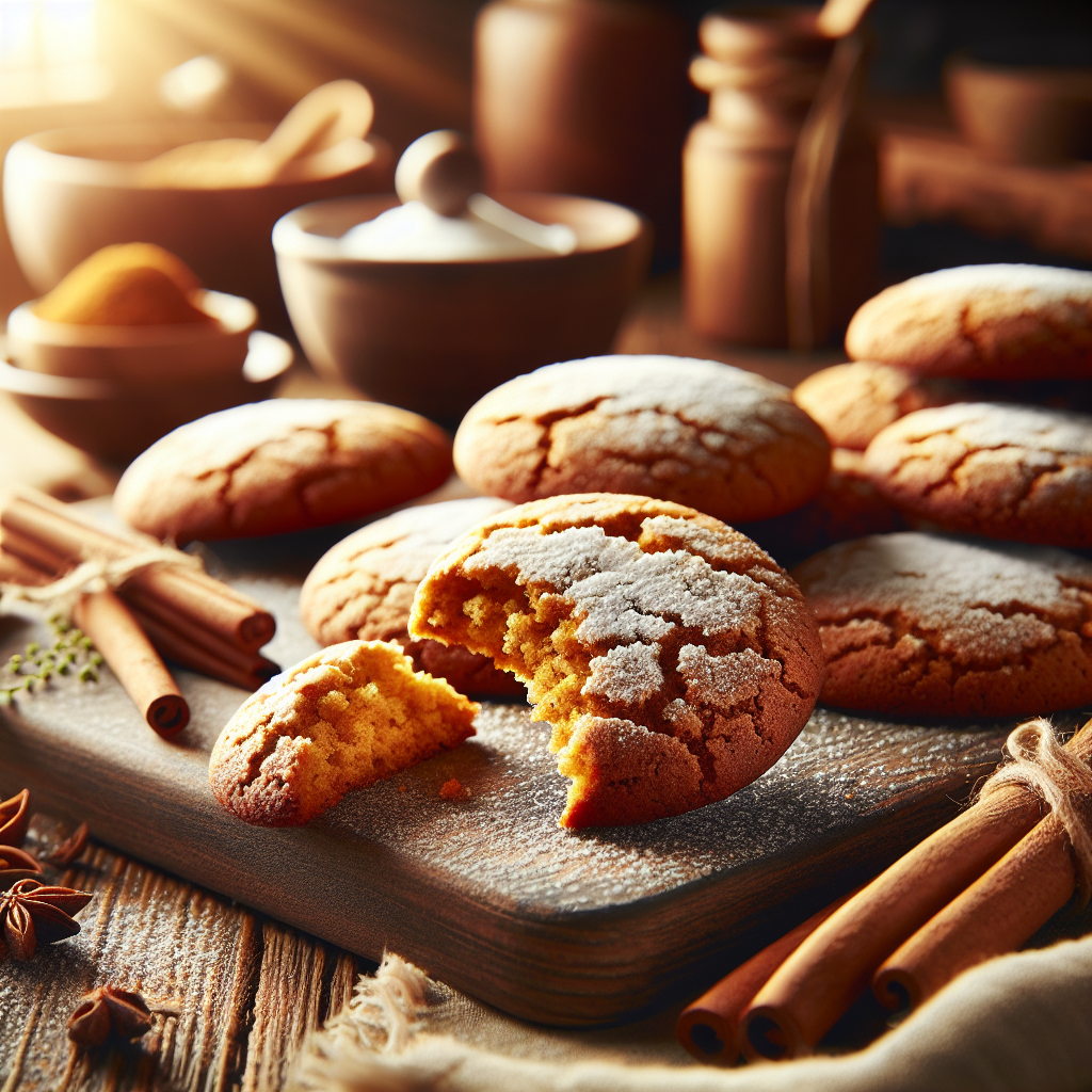 A close-up shot of freshly baked spice cake cookies, their warm, golden-brown surface sprinkled with a dusting of powdered sugar, with a bite taken out to reveal the moist, spiced interior. The background features a softly blurred kitchen counter decorated with rustic baking tools and a faint glimpse of an herb plant, creating a cozy culinary atmosphere. Warm, natural light streams in from a nearby window, enhancing the inviting textures and warm tones of the cookies, while the contrast and brightness are slightly elevated to emphasize their delicious appeal.