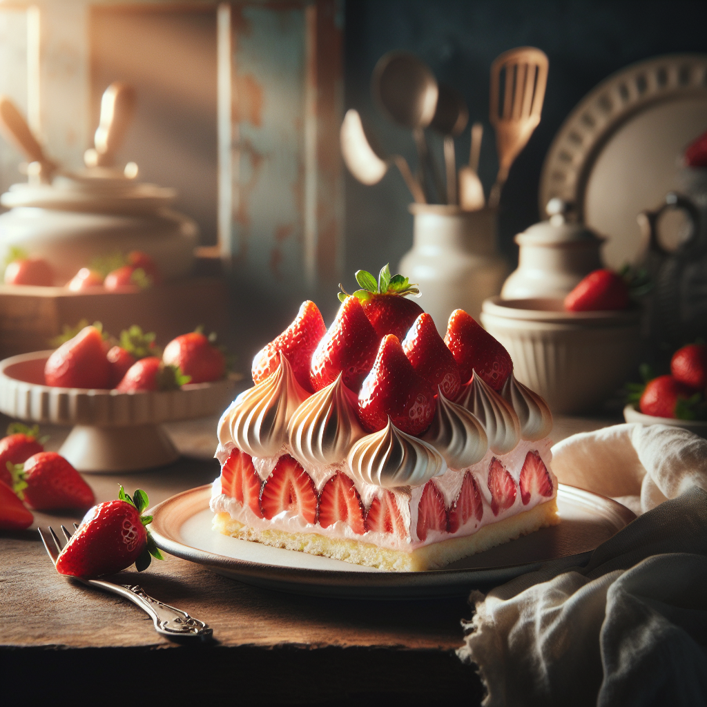 A beautifully plated slice of Strawberries & Cream Meringue, showcasing its delicate layers of fluffy meringue, rich cream, and vibrant strawberries, sits invitingly on a rustic wooden kitchen counter. Soft sunlight filters through a nearby window, casting a warm glow and highlighting the glossy textures of the strawberries and the airy meringue. In the blurred background, kitchen utensils and a vintage cake stand add to the cozy ambiance, enhancing the overall charm of this delightful culinary treat.