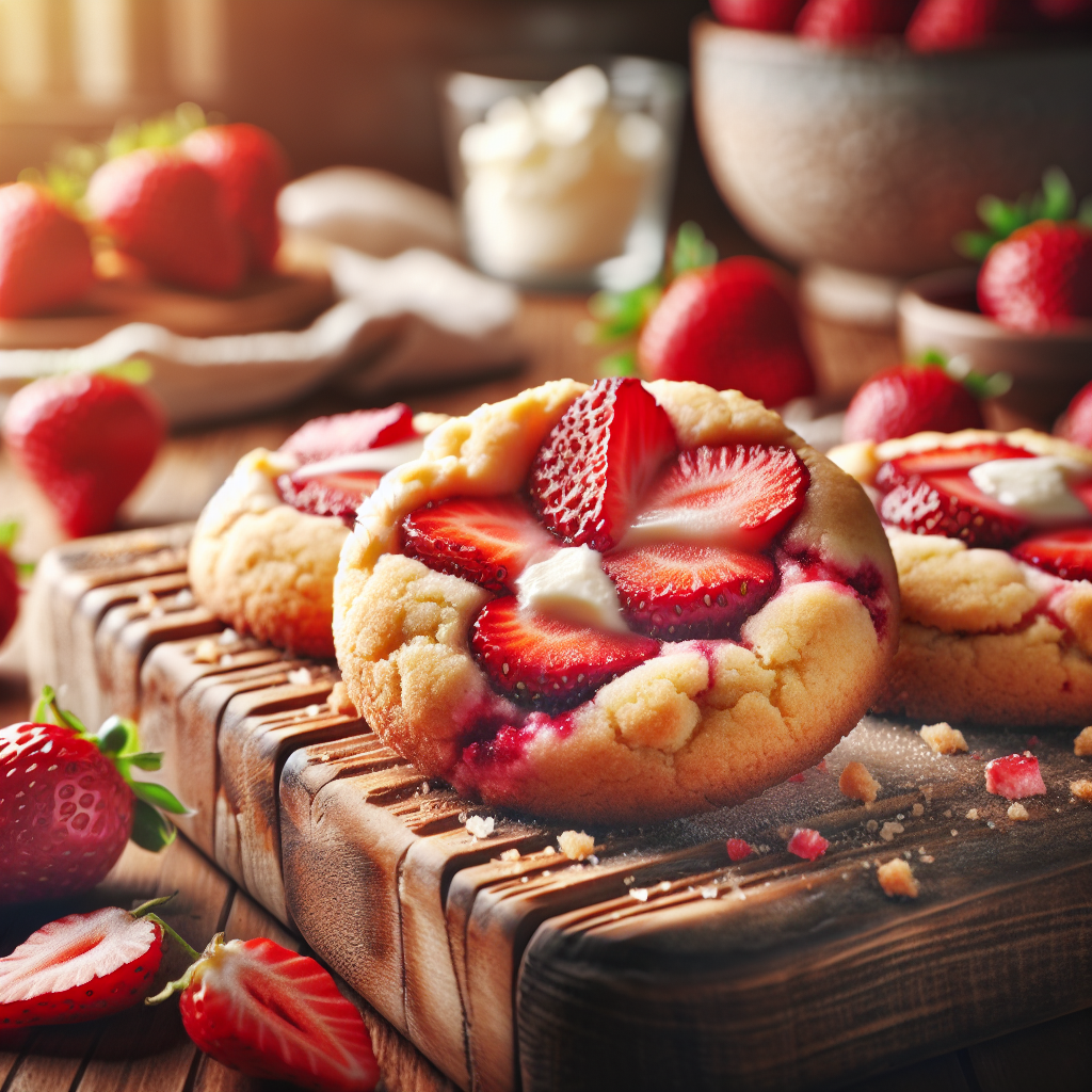 A close-up view of freshly baked Strawberry Cheesecake Cookies, showcasing their soft, crumbly texture and vibrant strawberry pieces peeking through. The cookies are arranged elegantly on a rustic wooden cutting board, partially surrounded by fresh strawberries and a dollop of whipped cream. The background features a softly blurred kitchen setting, illuminated by warm, natural light casting a cozy and inviting atmosphere, enhancing the colors and details of the cookies.