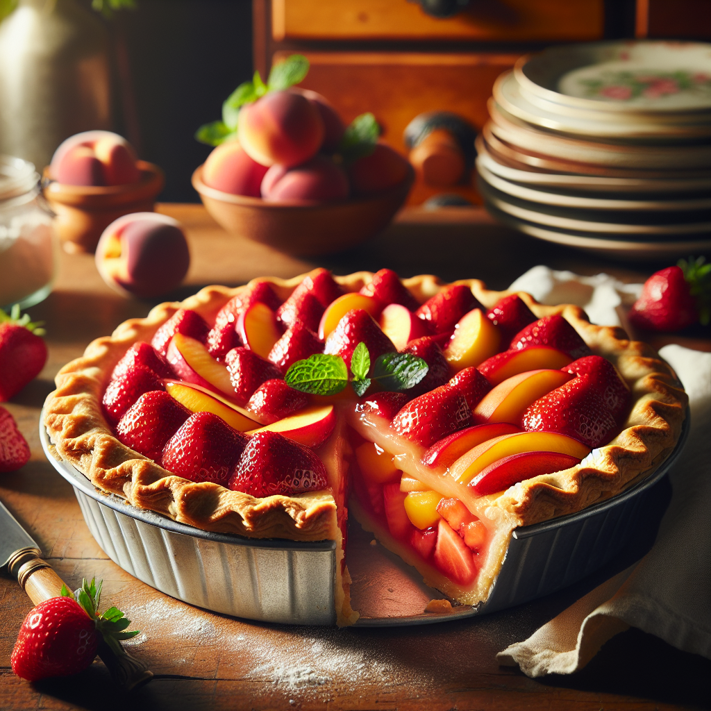 A beautifully baked Strawberry Peach Pie, glistening with a golden crust and filled with vibrant red strawberries and ripe peaches, sits on a rustic wooden kitchen table, a slice cut and slightly leaning to showcase the juicy filling inside. The kitchen is softly blurred in the background, hinting at warm wooden cabinets and dishes, illuminated by natural light streaming in from a nearby window, creating an inviting and cozy atmosphere. Delicate flour dustings and a sprig of mint beside the pie add an authentic touch to this delectable serving scene.